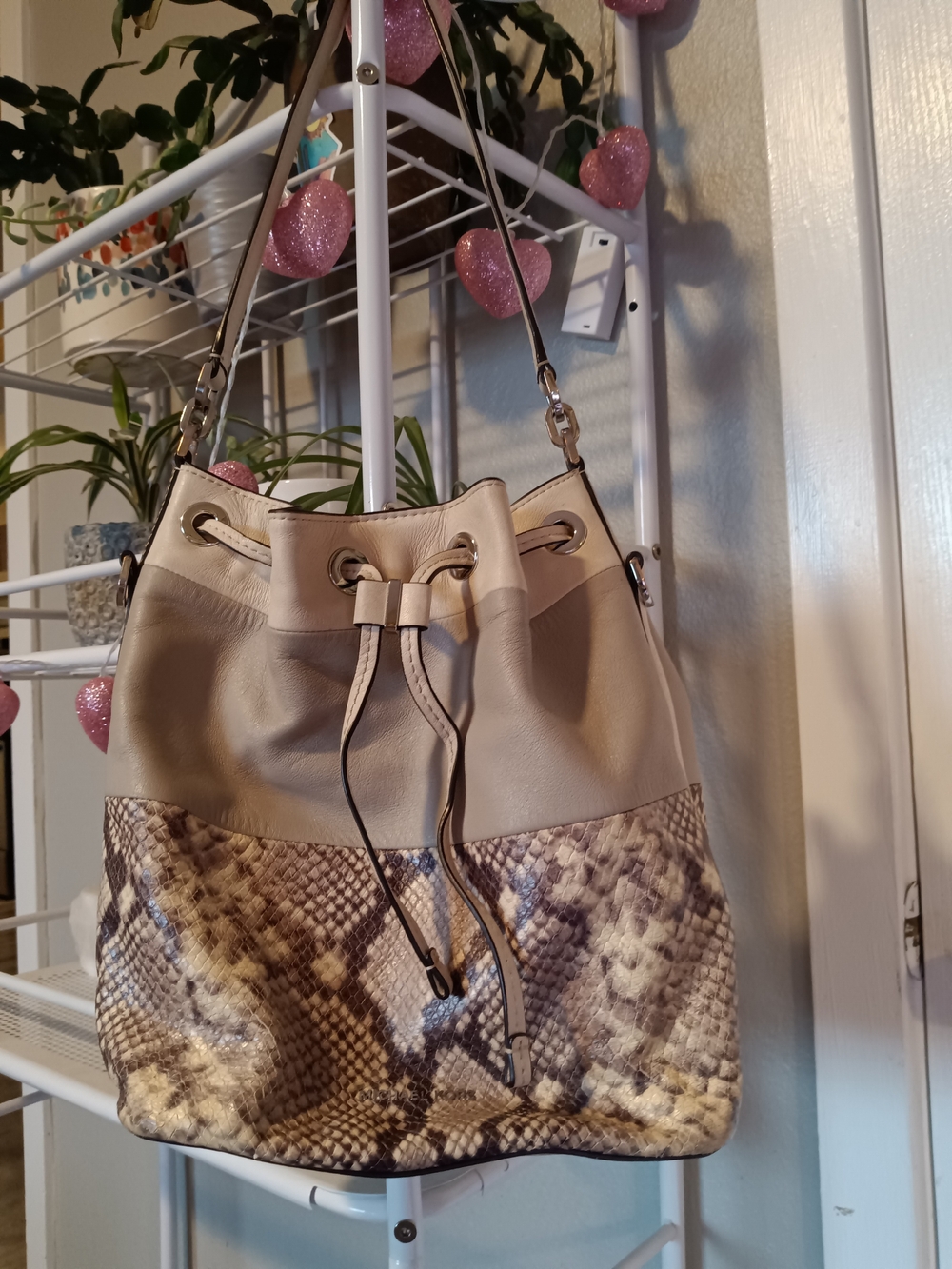 Michael Kors Taupe Snake-Print Drawstring Hobo